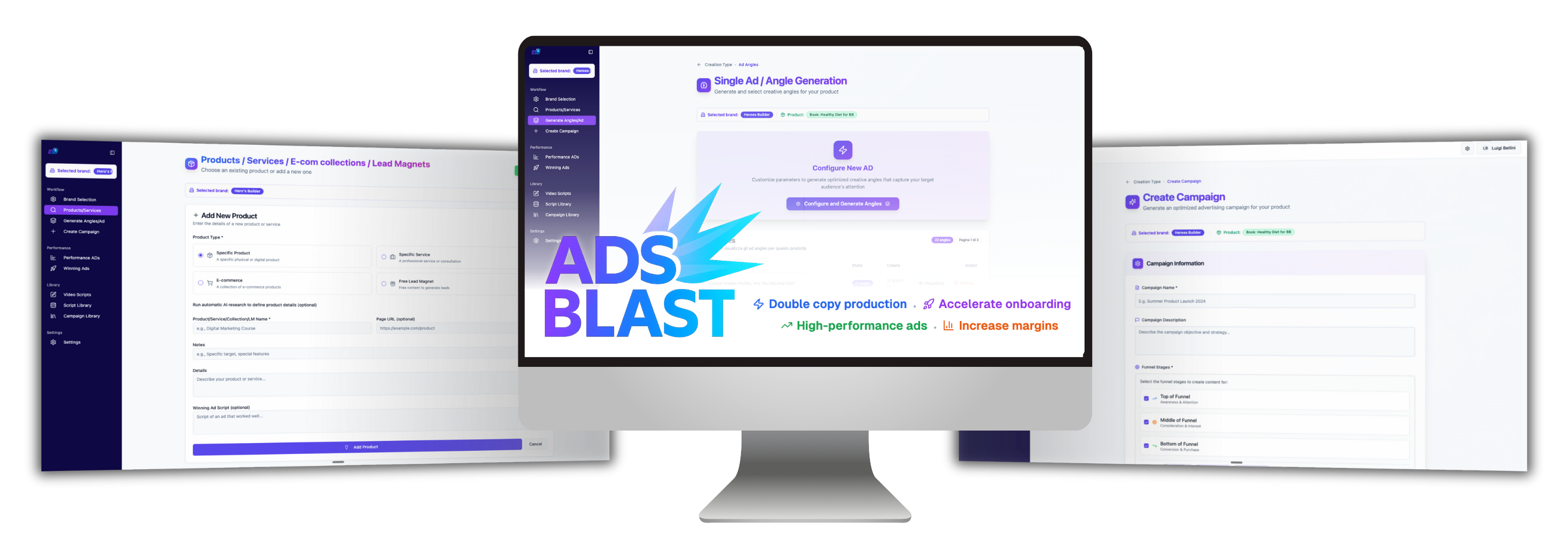 ADsBlast Software Interface showing multiple screens with product management, ad generation, and campaign creation features highlighting key benefits: double copy production, accelerate onboarding, high-performance ads, and increase margins